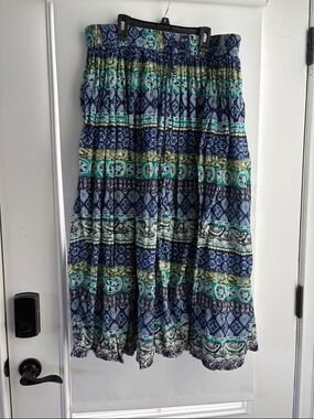 Striped Navy and Teal Boho Maxi Skirt with Smocked Waist